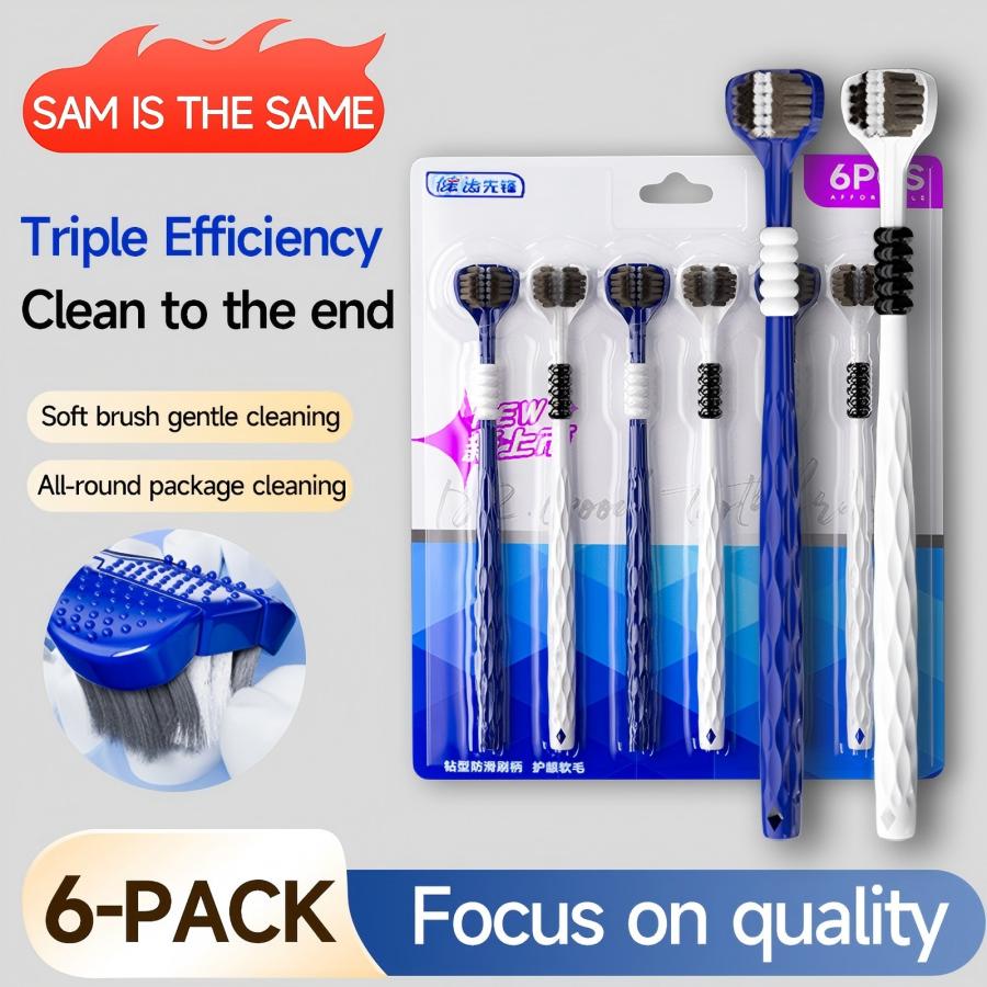 Escova de dentes manual 3d, 6 peças, escova de dentes macia em forma de u de três lados para limpeza oral abrangente para adultos, homens e mulheres, casal