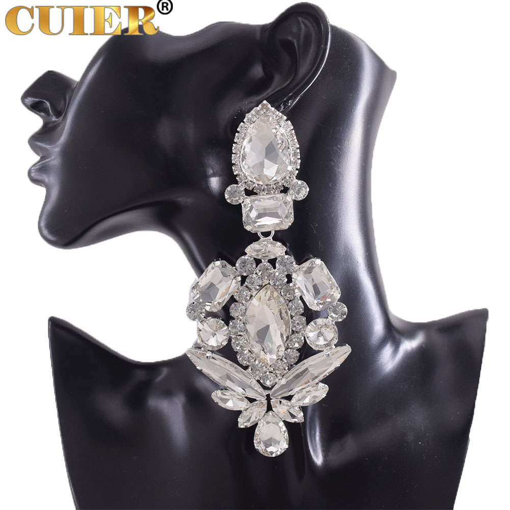Clip su orecchini lunghi in cristallo con Strass di vetro di grandi dimensioni per Drag Queen Women Wedding Jewelry accessori da palcoscenico pesanti