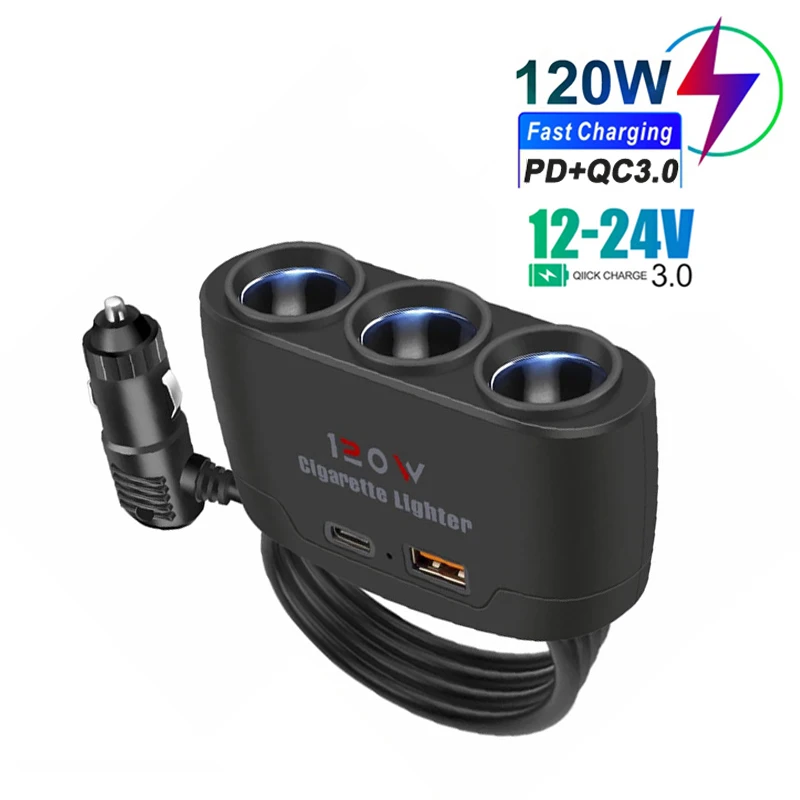 PD QC3.0 Двойная USB-розетка 120 Вт Автомобильный разветвитель прикуривателя 12 В 24 В Быстрое зарядное устройство Адаптер питания для телефона для автомобильного видеорегистратора Dashcam