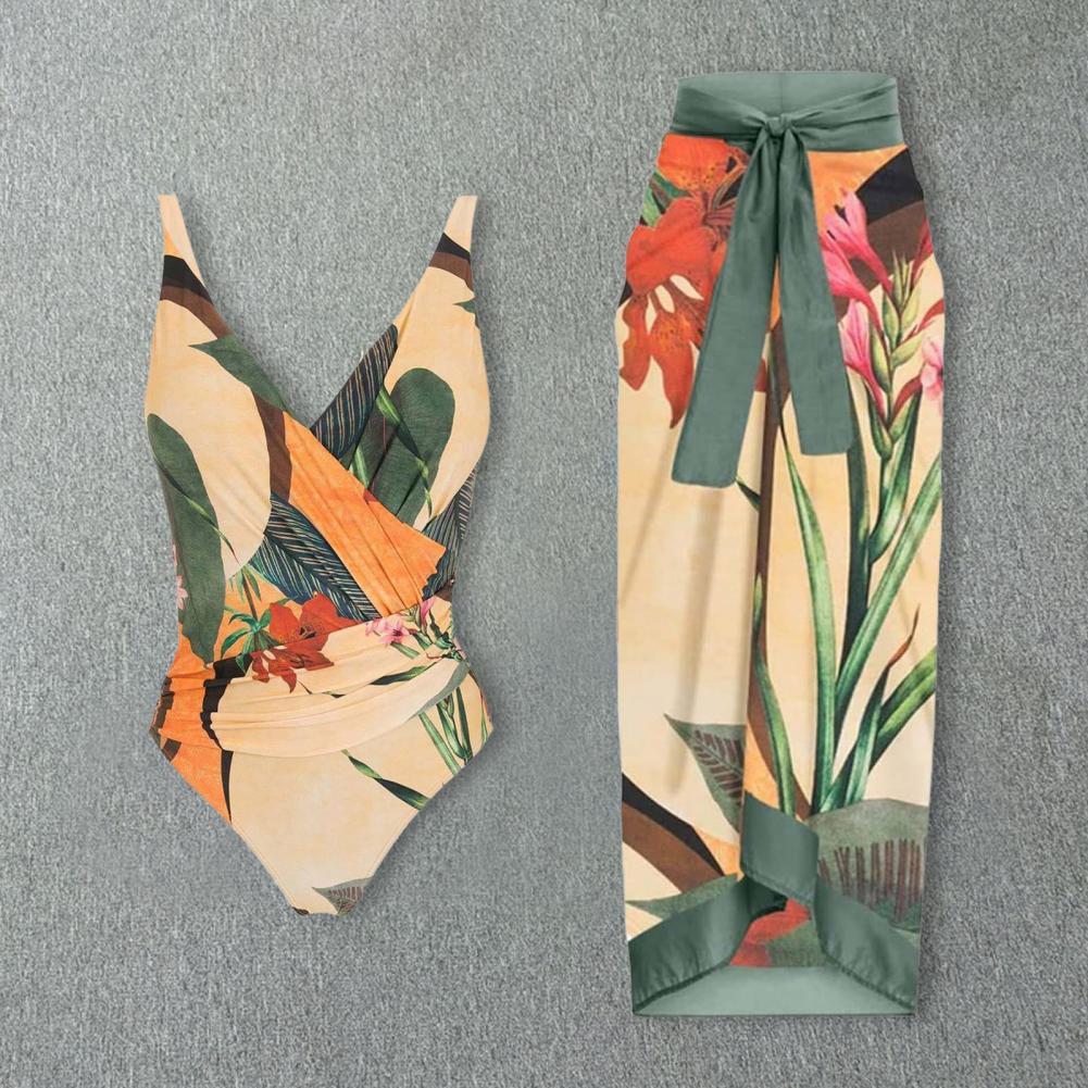 1 Set Damen-Monokini mit bedrucktem Riemen, rückenfrei, Vintage-Retro-Pool, der Polyester-Damen-Strand-Monokini mit langem Kleid trägt, Surf-Kleidung