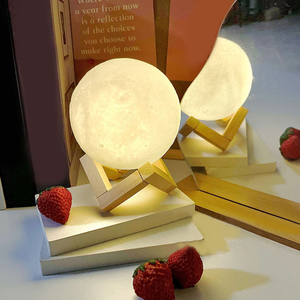 Lámpara LED de bola de Luna de 8cm, luz nocturna con soporte de plástico, lámpara estrellada alimentada por batería, decoración de dormitorio, luces de noche junto a la cama, regalos para niños