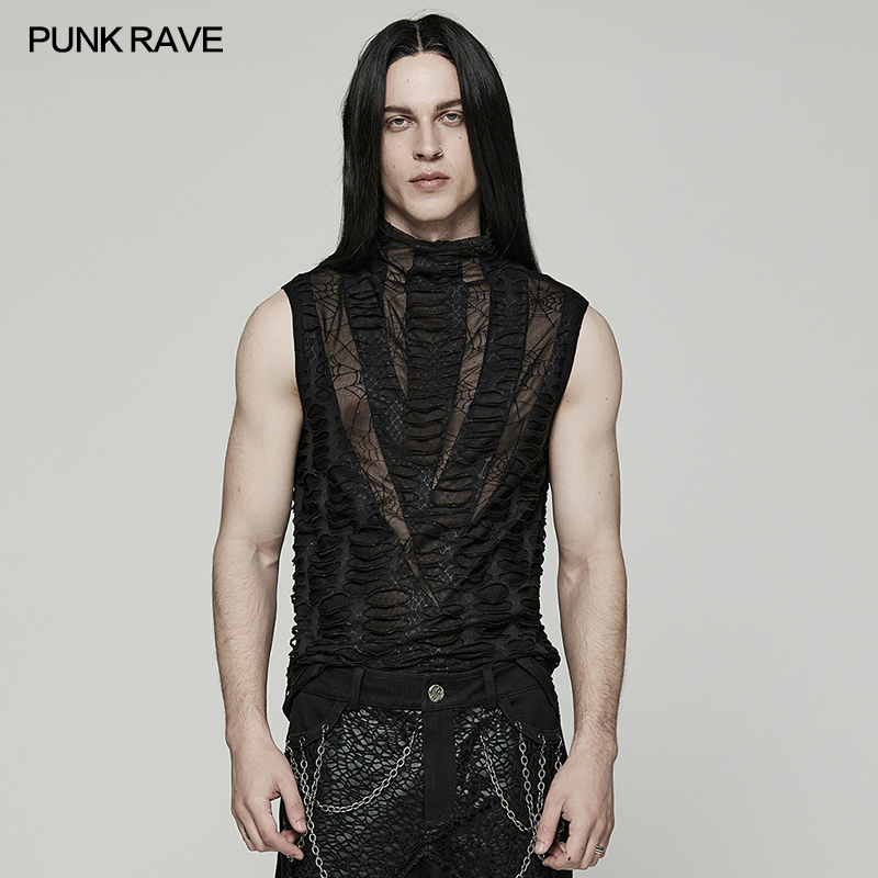 Punk Rave Männer Gothic asymmetrische scharfe Zähne Mesh Weste Punk schöne coole hohe Kragen einfache schwarze Tank T-Shirts Sommer Tops