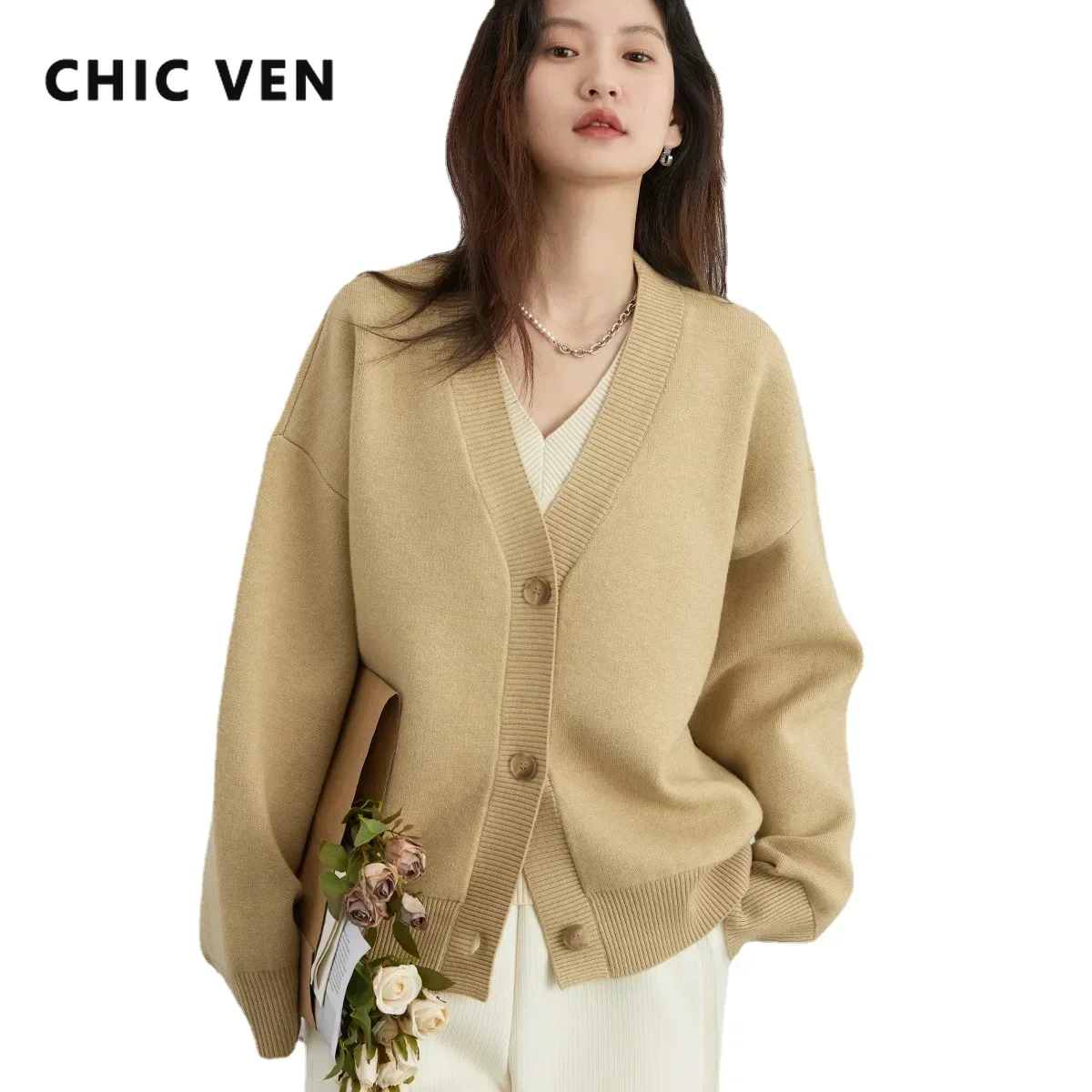 Женский кардиган CHIC VEN, свободный женский свитер с v-образным вырезом, вязаный топ с длинными рукавами для девочек, популярная корейская одежда, весна-осень 2024