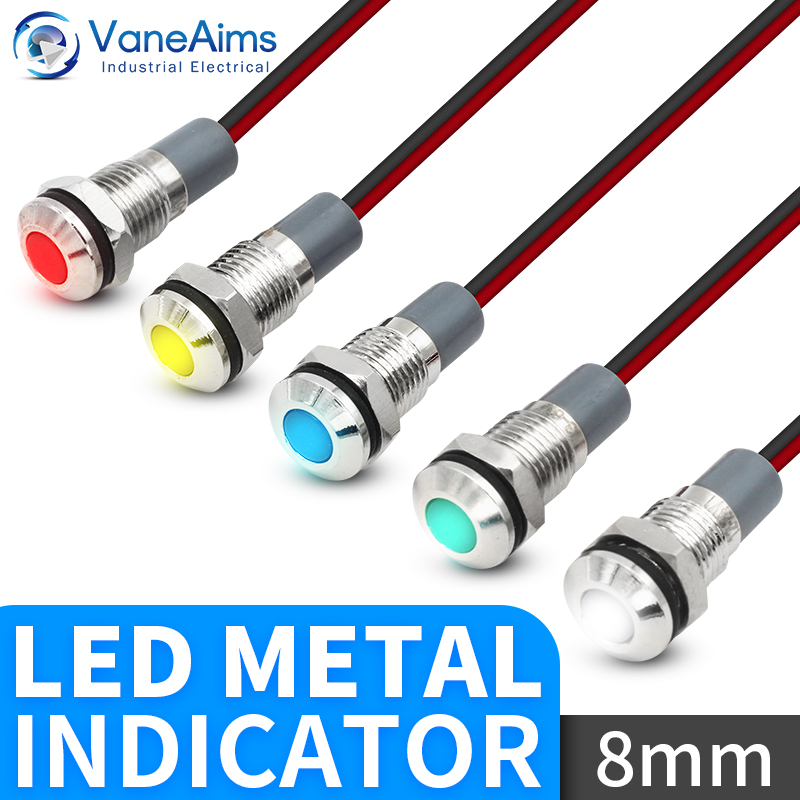 VaneAims 8mm lampe de signalisation en métal étanche IP67 lumière indicateur LED avec fil 3V 6V 12V 24V 220V rouge vert jaune blanc bleu