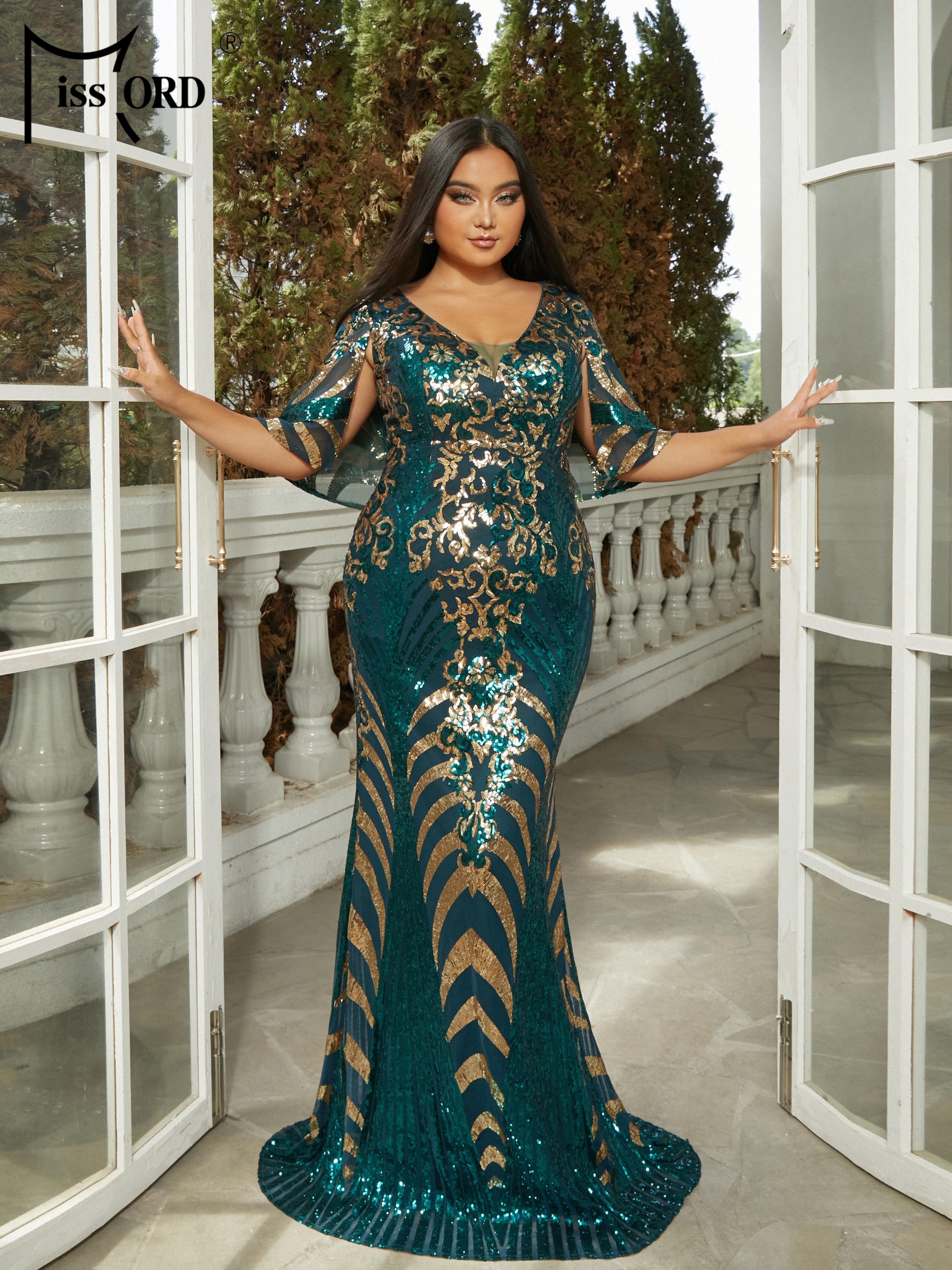 Missord nuevo vestido largo hasta el suelo de graduación de noche de sirena con lentejuelas y manga de murciélago geométrico con cuello en V verde de talla grande