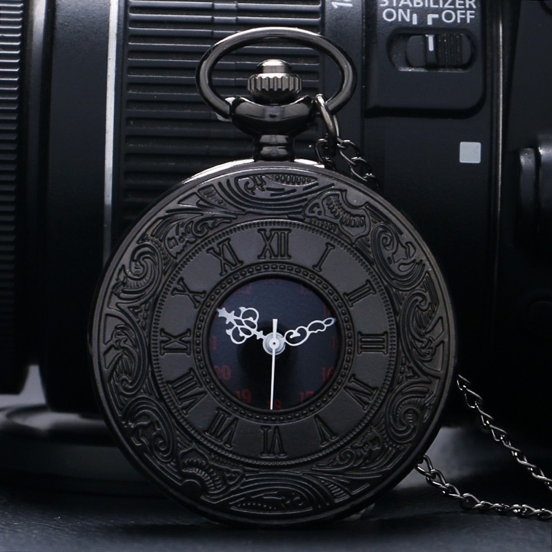 Vintage charme preto unissex moda número romano quartzo steampunk relógio de bolso feminino homem colar pingente com corrente presentes p427