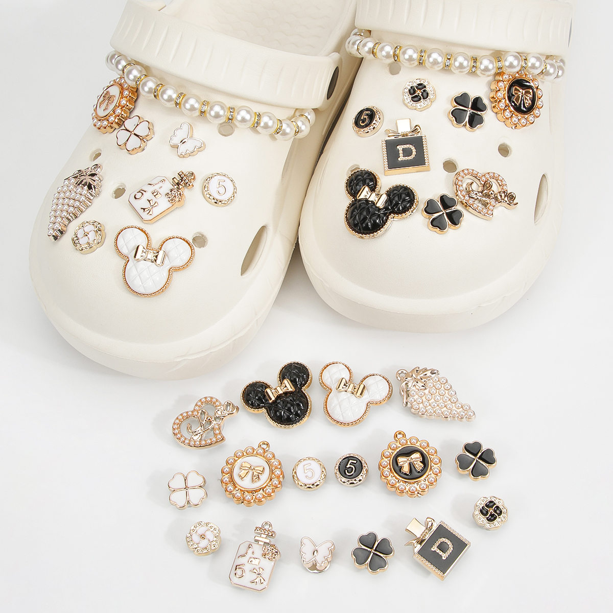 ‌ 18 piezas de dijes de zapatos de oso dorado y conejito: clips de flores brillantes desmontables para zapatos de bricolaje y decoración de fiesta de mujer