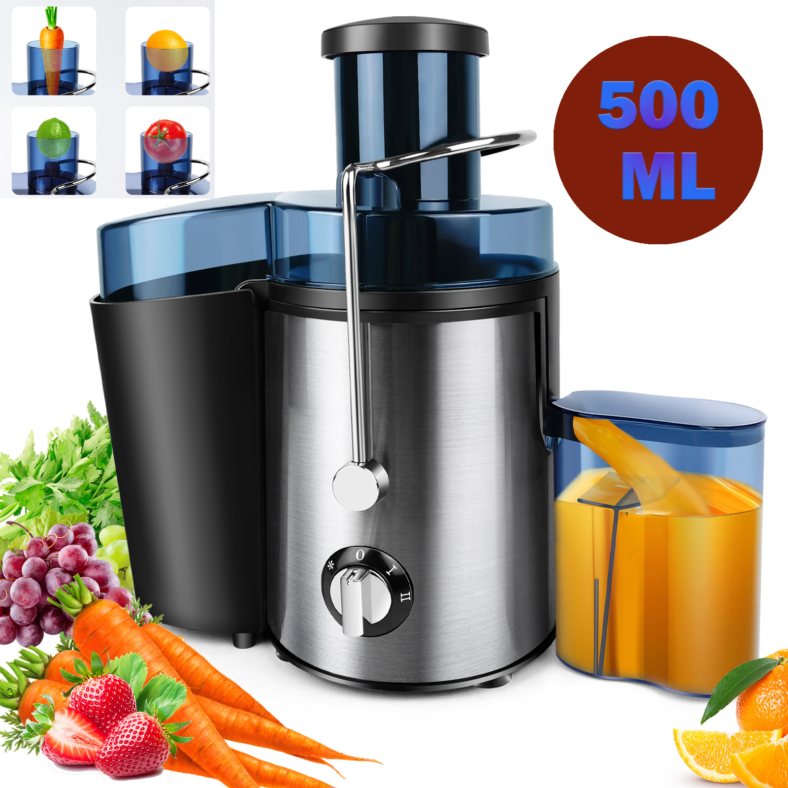 1000 W Entsafter-Maschine für ganzes Obst- und Gemüsesaft, elektrische Saftpresse aus Edelstahl, 500 ml Fassungsvermögen, 2 Geschwindigkeiten einstellbar