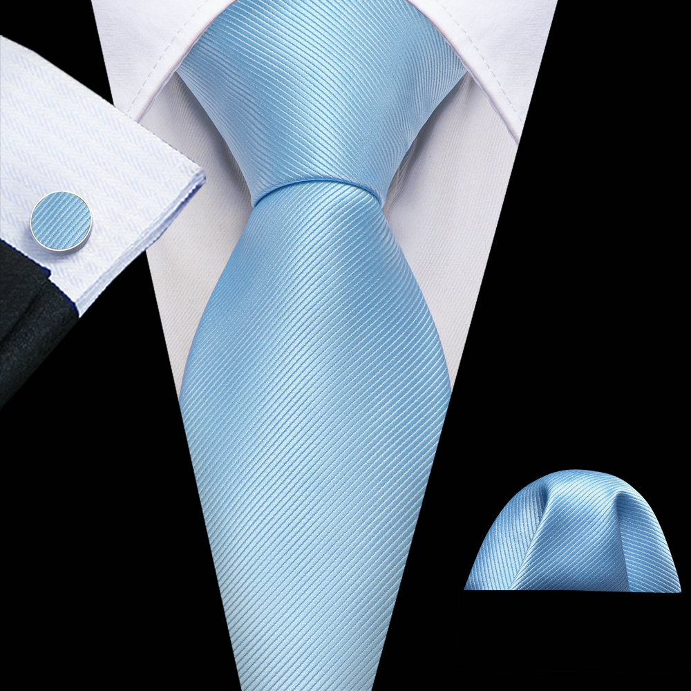 Gravata Azul Claro para Homens 2023: Novíssimo Conjunto de Gravata, Lenço de Bolso e Abotoaduras Sólidos para Terno, Presente para Casamento e Festa Barry.Wang 6481