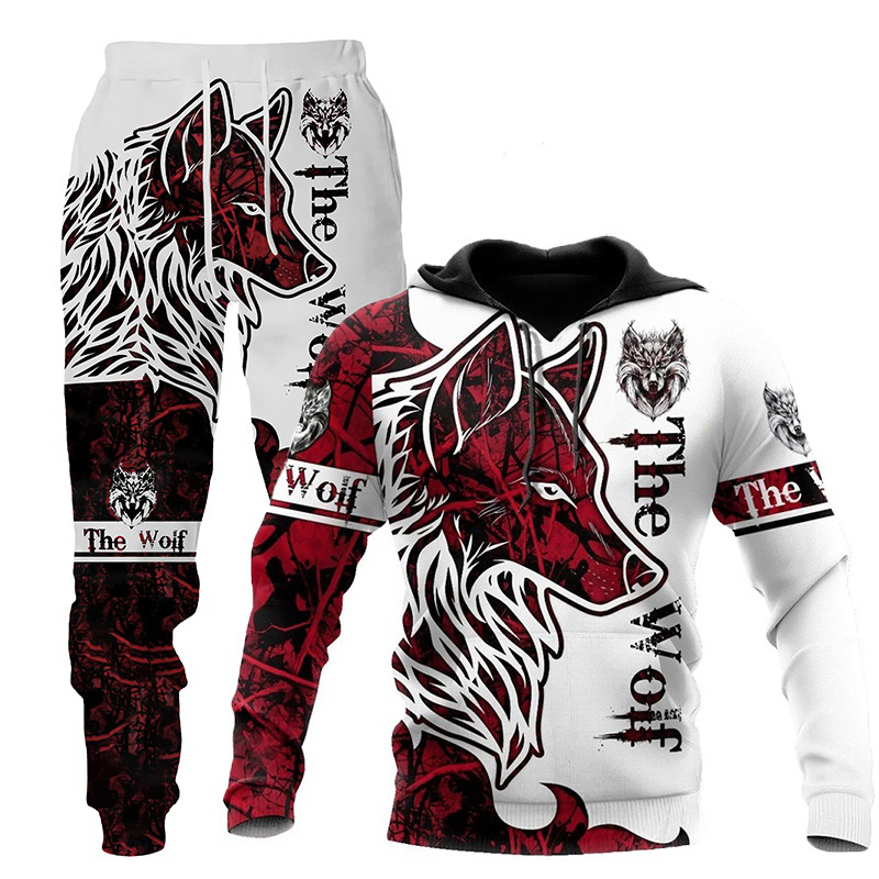 Lobo 3d impresso calças com capuz terno masculino outono e inverno casual moletom pulôver masculino conjunto de treino moda roupas masculinas terno