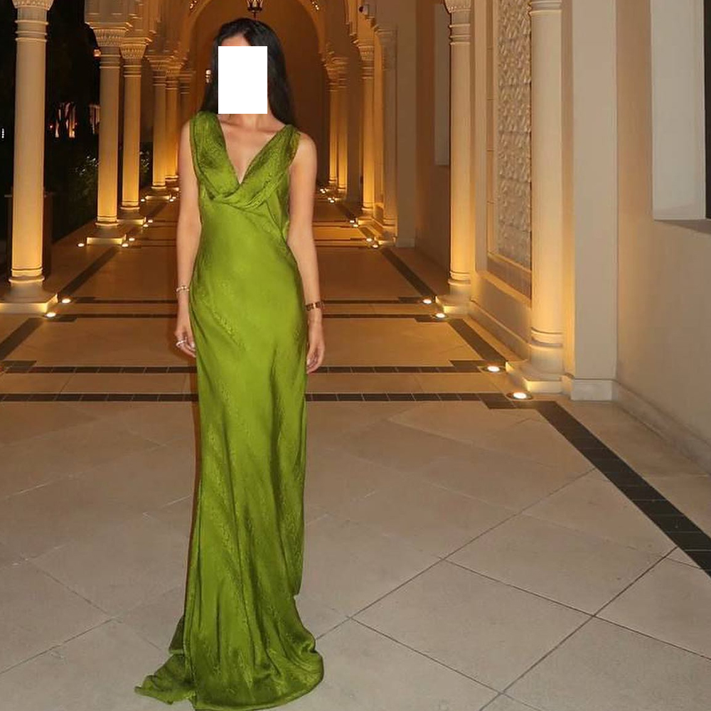 Personalizado elegante e sexy com decote em v cruzado rendas até voltar vestidos de noite bainha cetim sem mangas trem varredura vestido de festa