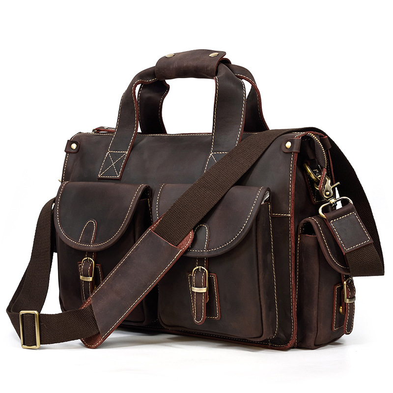 Vintage herenaktentas echt rundleer 15" PC-laptoptas Crazy Horse lederen zakelijke messengertas werktas voor de mens