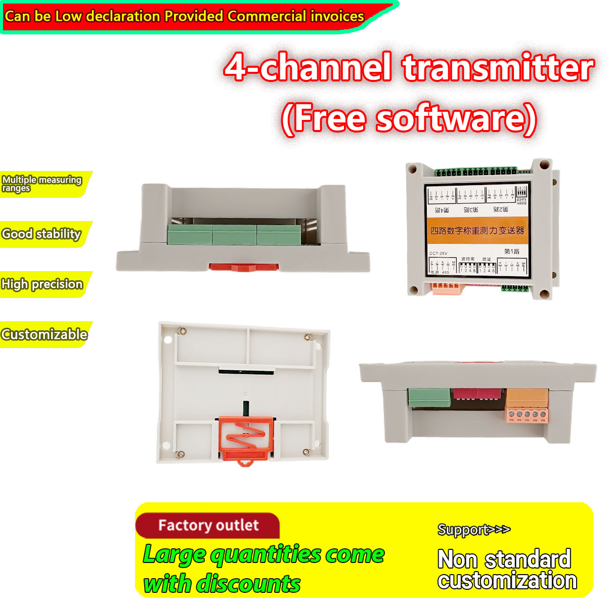 Transmisor de Peso Digital de 4 Canales RS485 Modbus RTU, Convertidor de Señal de Celda de Carga 10-28VDC para Control Industrial PLC
