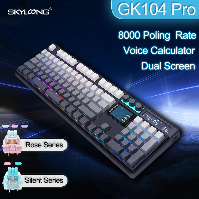 SKYLOONG GK104 Pro Teclado mecánico inalámbrico de tamaño completo con 3 modos Pantalla 3.0 3 perillas personalizadas Intercambio en caliente Retroiluminación RGB Teclas PBT Teclado para juegos Calculadora de sonido