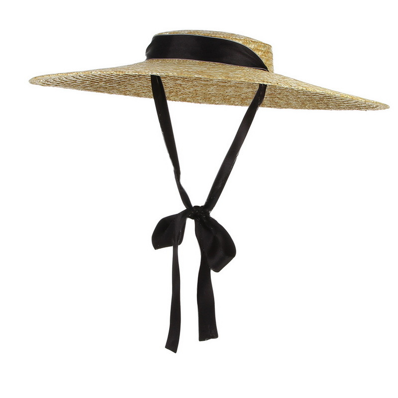 Grandi cappelli di paglia naturale estivi per le donne cappellini con visiera da spiaggia a tesa larga e cappello da sole con lacci a nastro lungo con Top piatto elegante