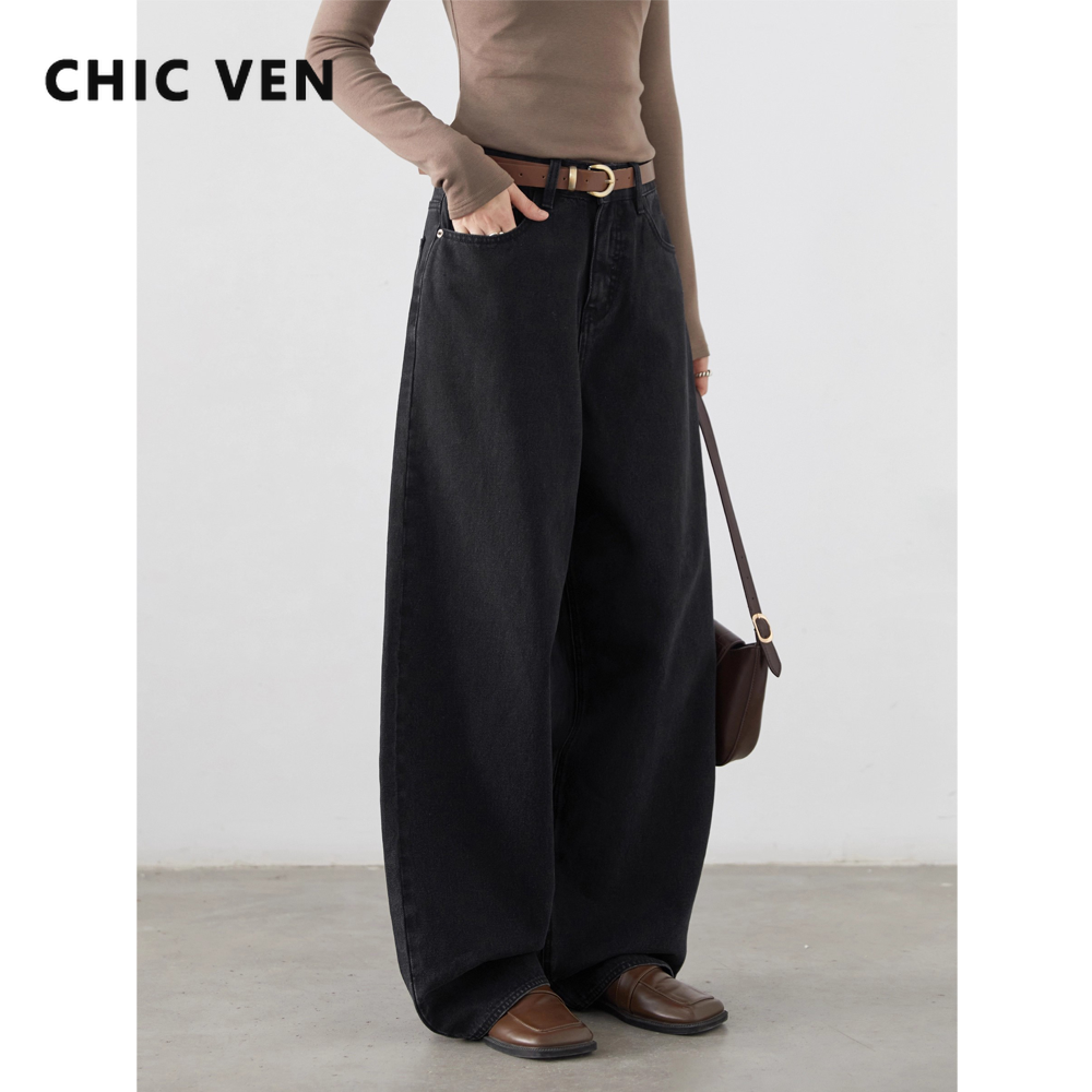 CHIC VEN Korean Women Plus Jeans New Casual Retro Wide Legs Denim Pants Slim Female Trousers Spring Autumn 2025