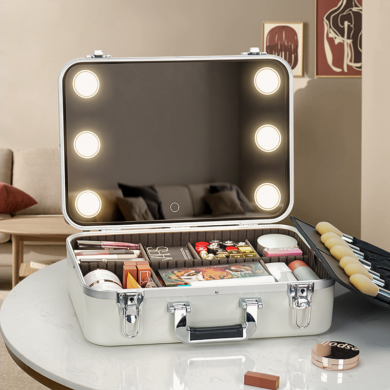 Elegante astuccio da viaggio bianco di grandi dimensioni con illuminazione tricolore ricaricabile Specchio LED, divisorio regolabile e vassoio portaspazzole