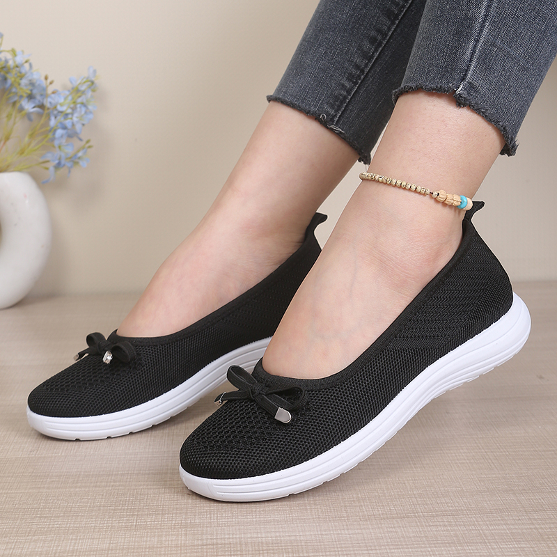 Sepatu Flat Wanita Berbahan Mesh Bernapas, Dihiasi Pita, Ringan dan Nyaman, Cocok untuk Sepatu Ibu.
