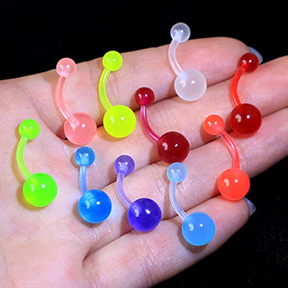 10 peças anéis de botão da barriga brilho no escuro anéis de barriga acrílico flexível barbells colorido umbigo piercing jóias umbigo barras