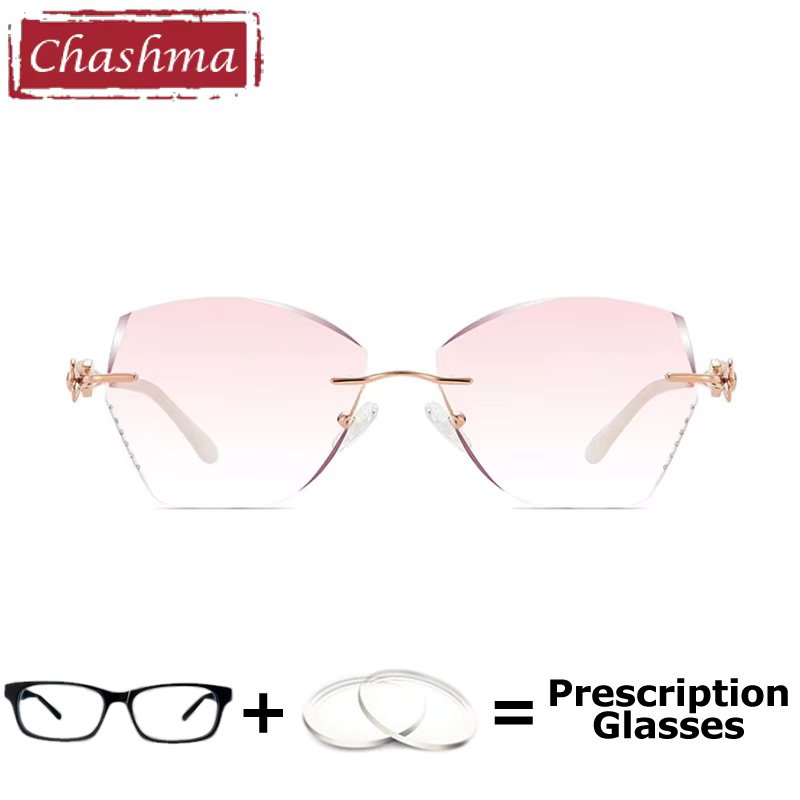 Chashma elegante feminino sem aro prescrição pronto óculos titânio diamante aparado óculos quadro grande lente estilo óculos