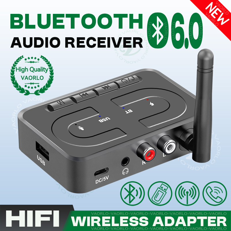 Récepteur audio Bluetooth 6.0 avec entrées auxiliaires 3,5 mm, RCA, microphone HD et stéréo Hi-Fi, adaptateur sans fil avec antenne et prise en charge de la lecture de clés USB pour haut-parleurs de voiture