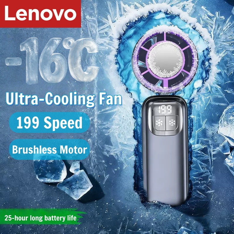 Lenovo Handheld Fan Cooling Ice Cooler Rechargeable USB Brushless Motor 199 High Speed Turbo Jet Fan for Outdoor Travel Office