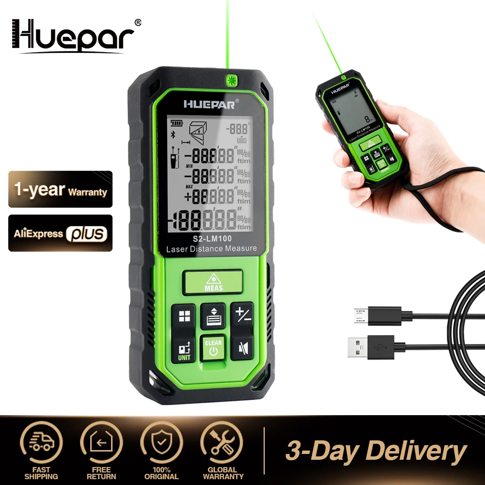 Huepar-Medidor de distância a laser, telêmetro Green Beam, roleta eletrônica, ferramenta de medição digital, M, ft, ft, com sensor de ângulo