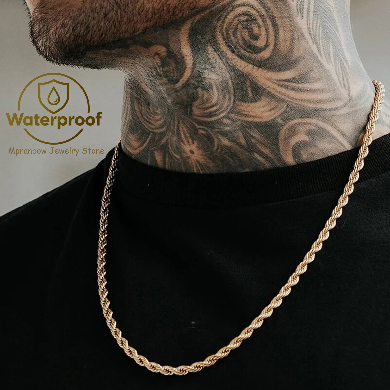 Collar de Cadena de Cuerda para Hombre y Mujer, Collares de Cadena de Cuerda Trenzada de Acero Inoxidable en Color Plata y Oro, Cadenas de Eslabones Clásicas de Hip Hop, Regalo