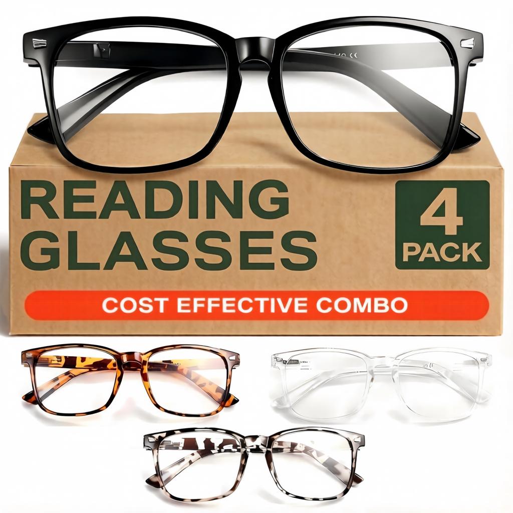 4 Pack Blue Light Reading Glasses for Woman Men | Computer Glassess | Gaming | TV Phone Screen Reader Square Frame L17