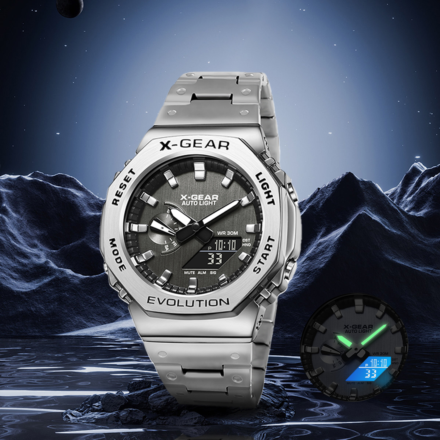 X-GEAR Цифровые спортивные электронные часы унисекс с двойным дисплеем, полнофункциональный светодиодный сплав, большой стальной ремешок
