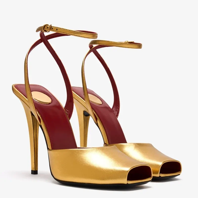 Patent Leder Peep Toe Pumps Sexy Karree Stiletto Knöchel Gürtel Schnalle Neuheiten Mode Frauen Runway Sheos