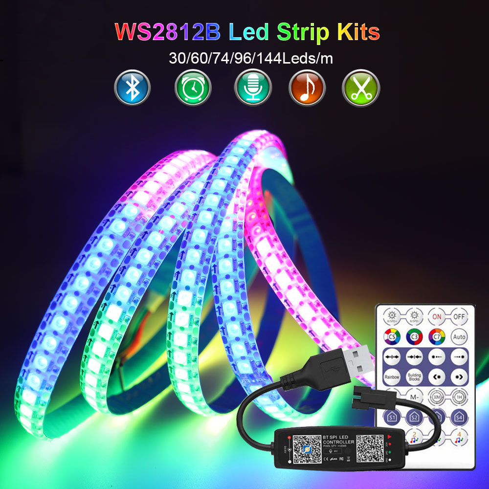 Tira de luces LED WS2812B, Kit de controlador de música USB Bluetooth, tira de luces LED RGB inteligente direccionable individualmente 30/60/74/96/144Leds/m DC5V