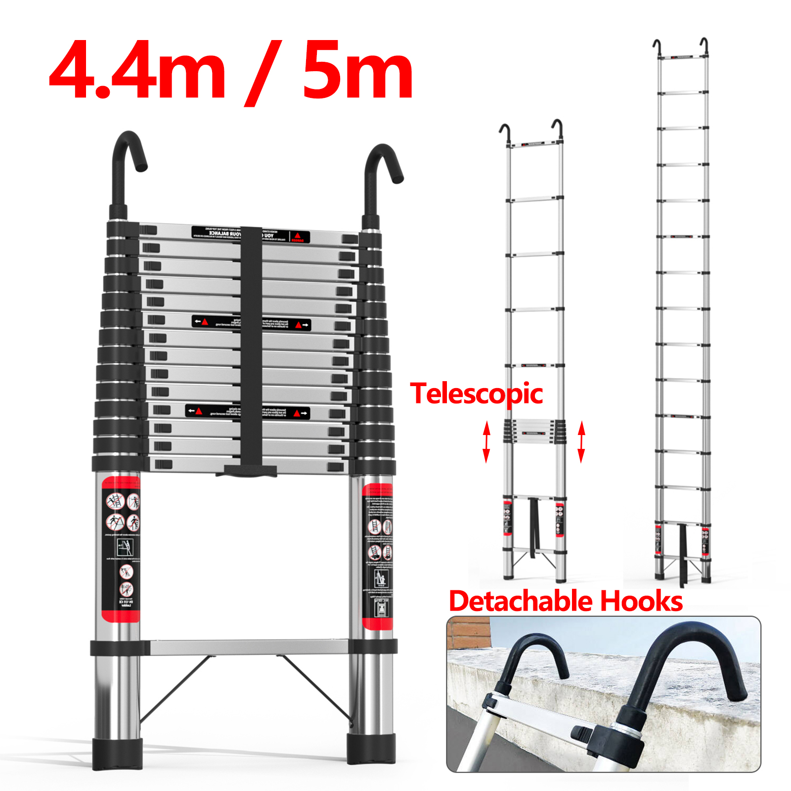 4.4m/5m Telescopic Ladder Stainless Steel Heavy Duty Extendable Loft Telescopic Ladder Adjustable Height with Detachable Hooks
