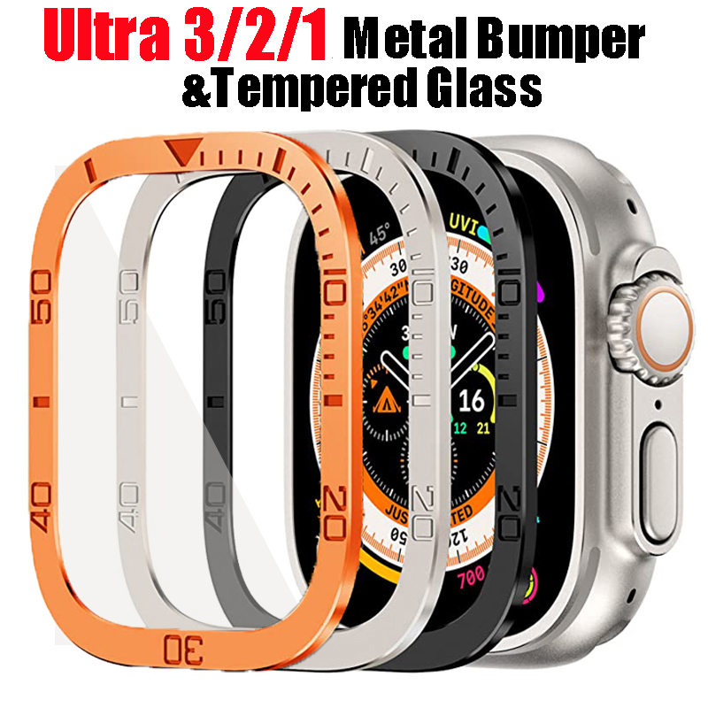 Защитная пленка для экрана Apple Watch Ultra 49 мм, аксессуары, металлическая рамка + закаленное стекло для iWatch Ultra 3, кольцо безеля 49 мм