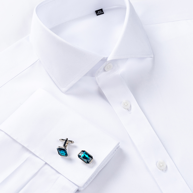 High-end 200 fio de 4 fios 100% algodão camisa masculina com abotoaduras francesas gola única DP pronto para usar sem ferro branco