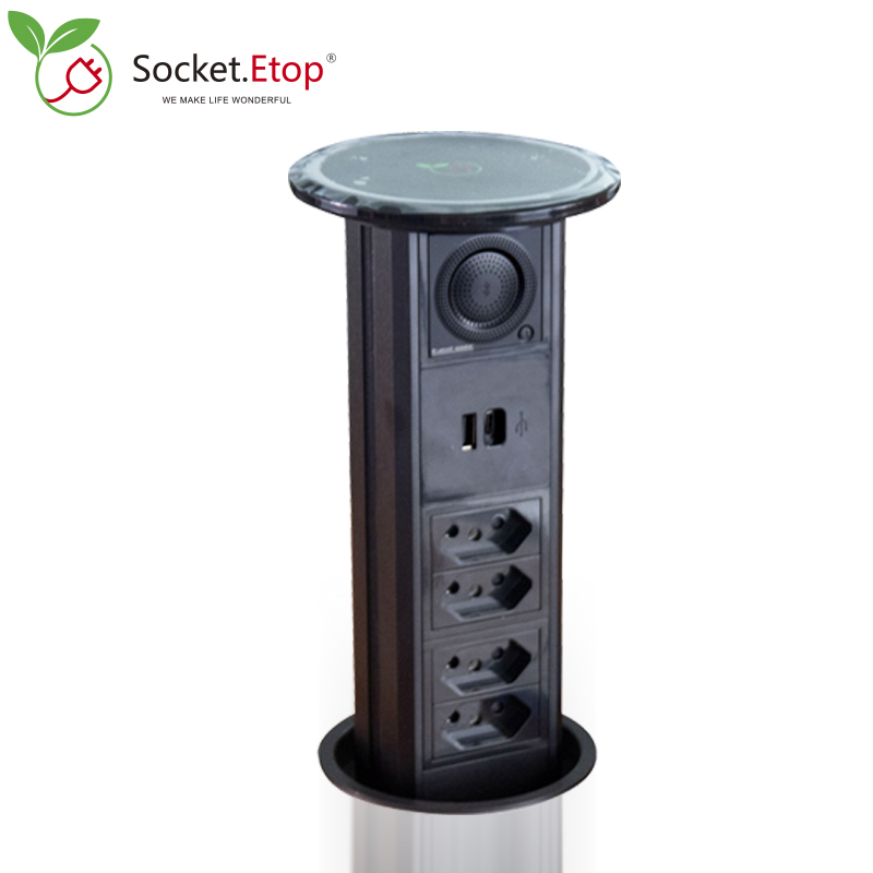Enchufe brasileño para cocina, enchufe emergente de elevación neumática con 4 tomas de corriente, altavoz, cargador inalámbrico PD USB (A + C)