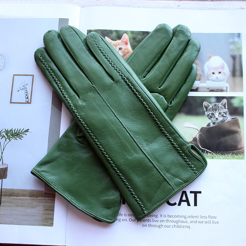 Guantes de cuero de colores para mujer, moda sencilla, estilo a rayas, forro de terciopelo, cálidos guantes de piel de oveja para otoño e invierno