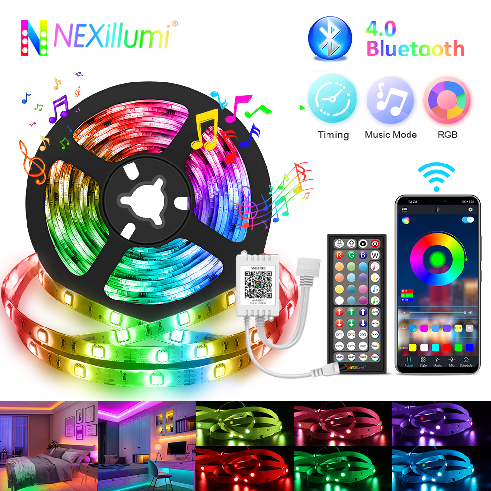 Nexillumi 5050 RGB LED bande lumineuse, 5m/10m/15m/20m/30m Bluetooth APP contrôle musique synchronisation ruban avec adaptateur 12V/24V pour la décoration