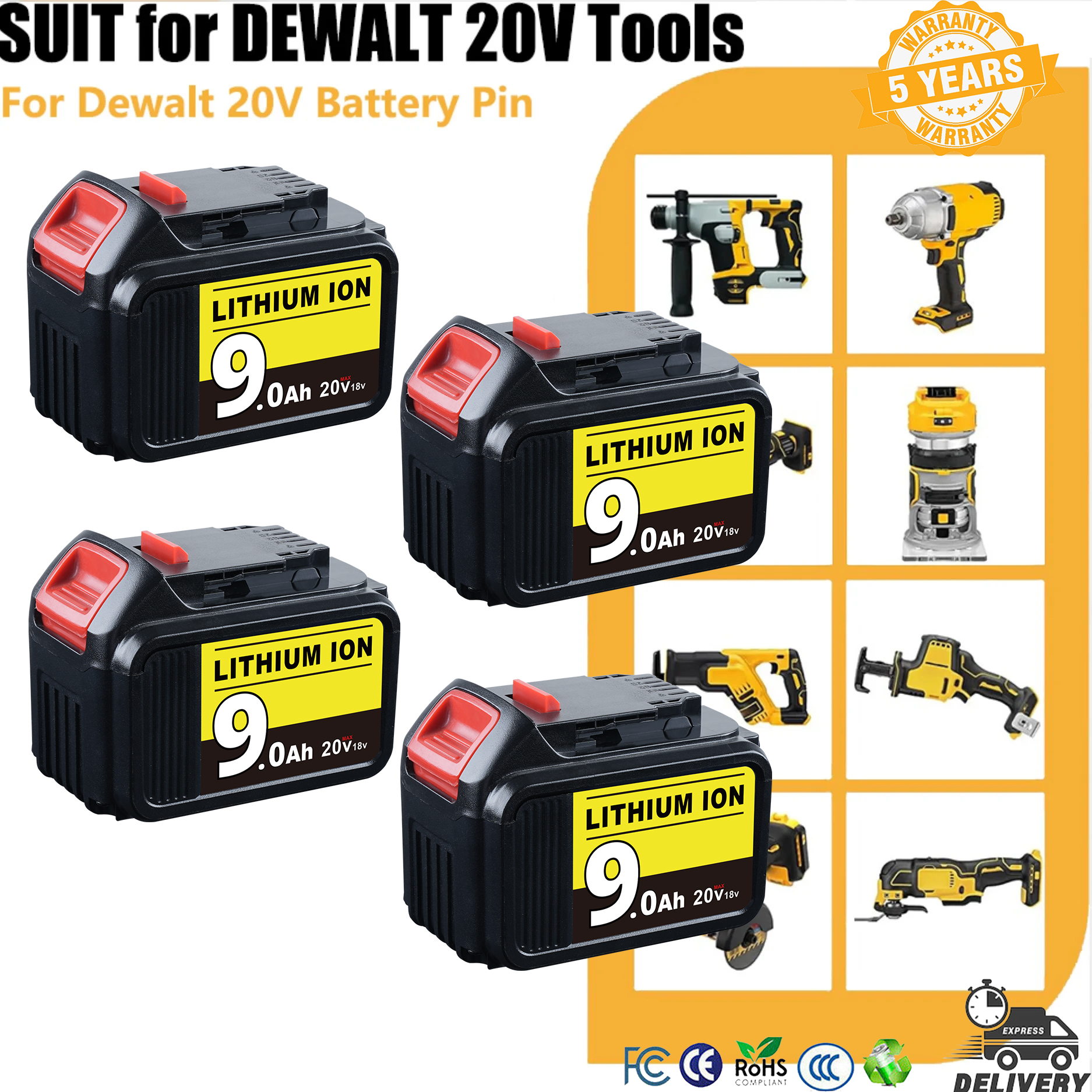 1/2/4 Stuks 9.0Ah DCB200 Vervangen voor Dewalt 20V Li-on Batterij Pin DCB205 DCB201 DCB204 DCB206 Compatibel met Draadloos Power Tool