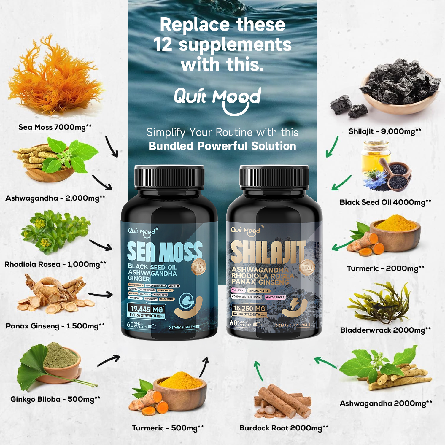 Shilajit 9000 Panax Ginseng 1500MG Ashwagandha 2000MG Rhodiola Rosea 1000MG, Kurkuma 500MG, Gingko Biloba 500MG, Stinging Nettl