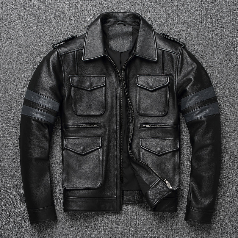 Blouson en cuir noir pour homme 2026, en cuir de vachette pleine fleur, style vintage, col à revers, blouson de moto classique, modèle M65