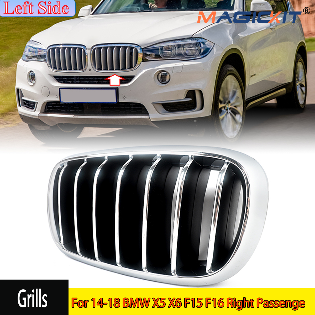 Magickit-Passageiro Direito Frente Rim Grille, Grill para 14-18 BMW X5 X6 F15 F16, Todos Chrome, Acessórios para Carro