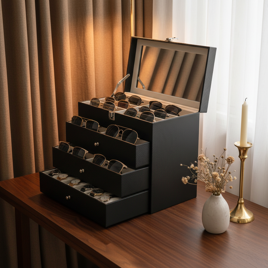4-Tier Sunglasses Organizer with Glass Top Carbon Fiber Jewelry Case Waterproof Velvet Lined Lockable Space-Saving