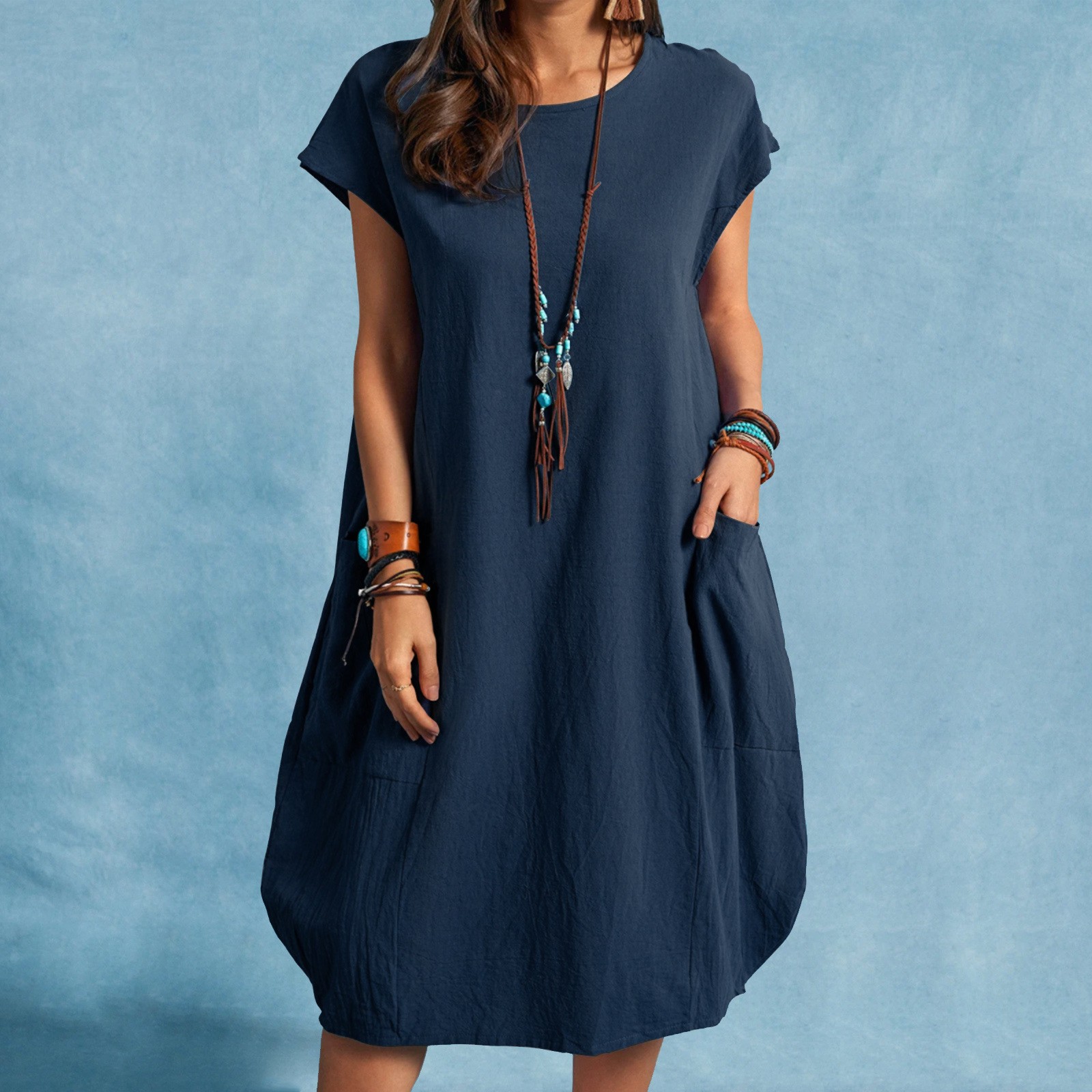 Frühling und Sommer Europa und die Vereinigten Staaten Amazon stand alone eBay Baumwolle Leinen locker lässig reine Farbe Taschenkleid Damen