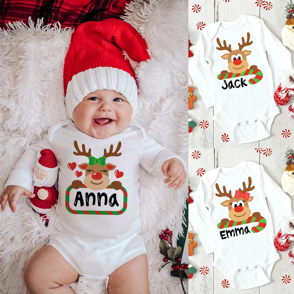 Nome personalizado bebê natal bodysuits cervo personalizado roupas recém-nascidos meninos meninas manga longa macacão festa de natal roupas infantis