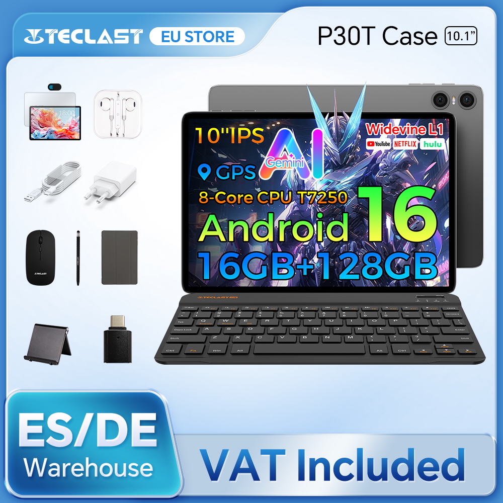 Чехол для планшета Teclast P30T 10,1 дюйма, Ai Gemini, Android 16, 16 ГБ (3 ГБ + 13 ГБ расширяемой памяти), 128 ГБ ПЗУ, T7250, 8-ядерный процессор, комплект: клавиатура/чехол/мышь/стилус/наушники/подставка для планшета