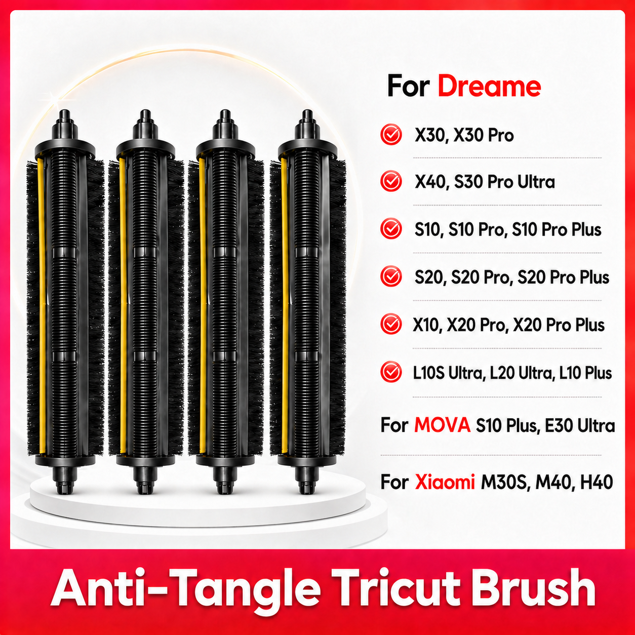 TriCut Brush Fit For Dreame X40 Ultra, X30 Pro, X20 Pro, S10, S20 Pro Plus, L10S Pro Ultra, Mova E30 Ultra, Xiaomi M30S, M40,H40