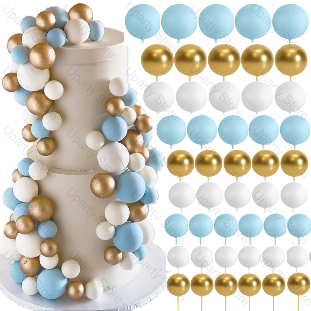 60 Stuks Blauwe Ballen Cake Toppers 2-4 Cm Metaal Goud Wit Baby Blauwe Taart Ballen Voor Gelukkige Verjaardag baby Shower Bruidstaart Decor Favo