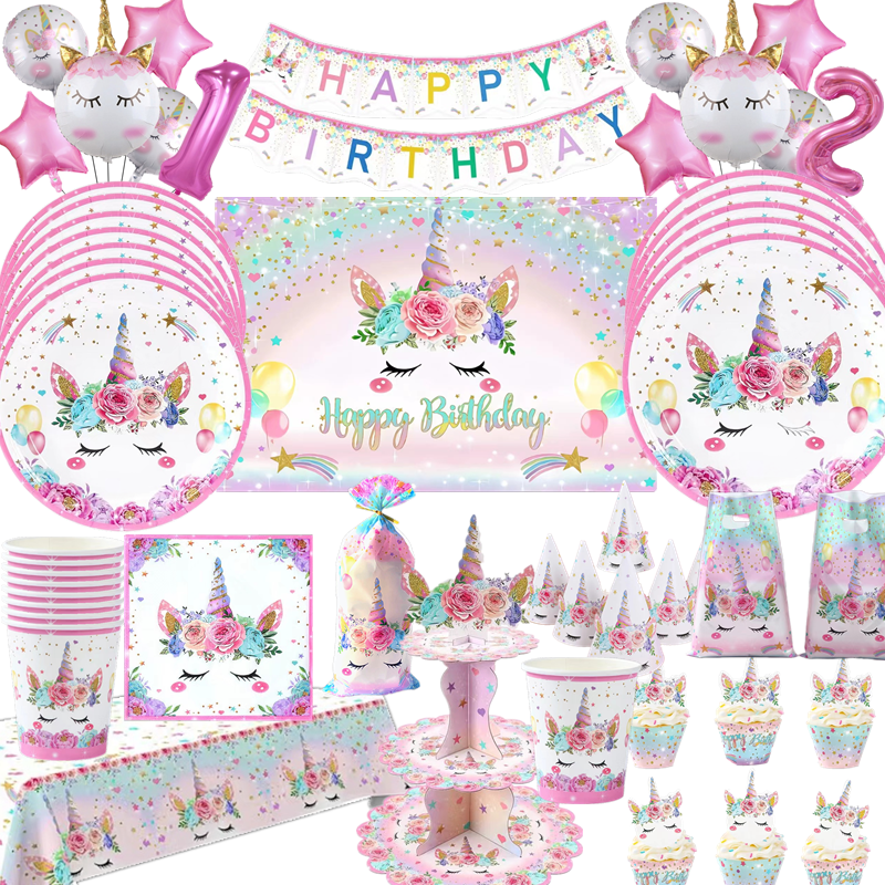Einhorn-Partyzubehör, 1. Kindergeburtstag, Partydekorationen, Einhorn-Thema, Pappbecher, Teller, Ballon-Kuchenaufsätze, Babyparty, Mädchen