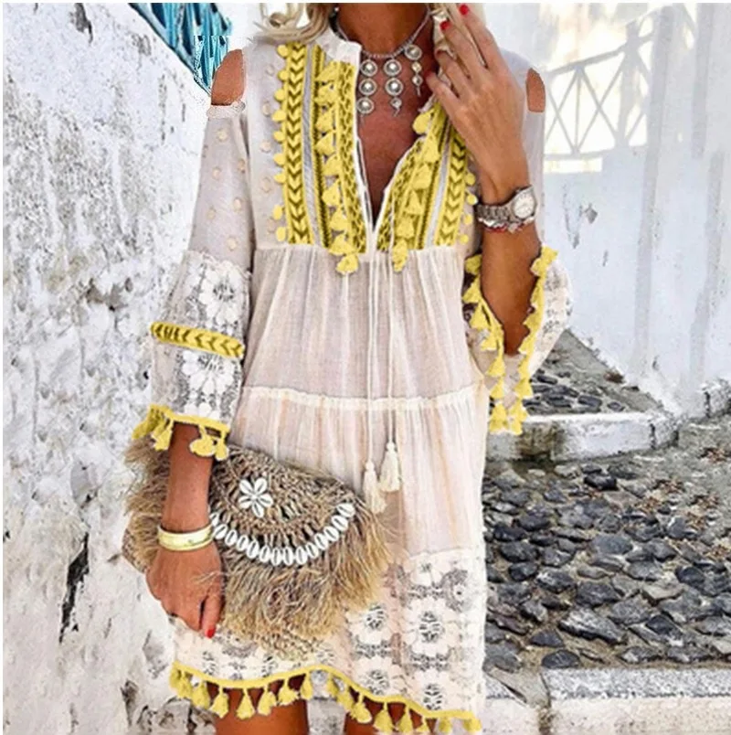 Minivestido de manga larga con cuello en V para mujer, Vestido corto con borlas de encaje, estilo bohemio, holgado, informal, talla grande, fiesta nocturna, verano, 2024
